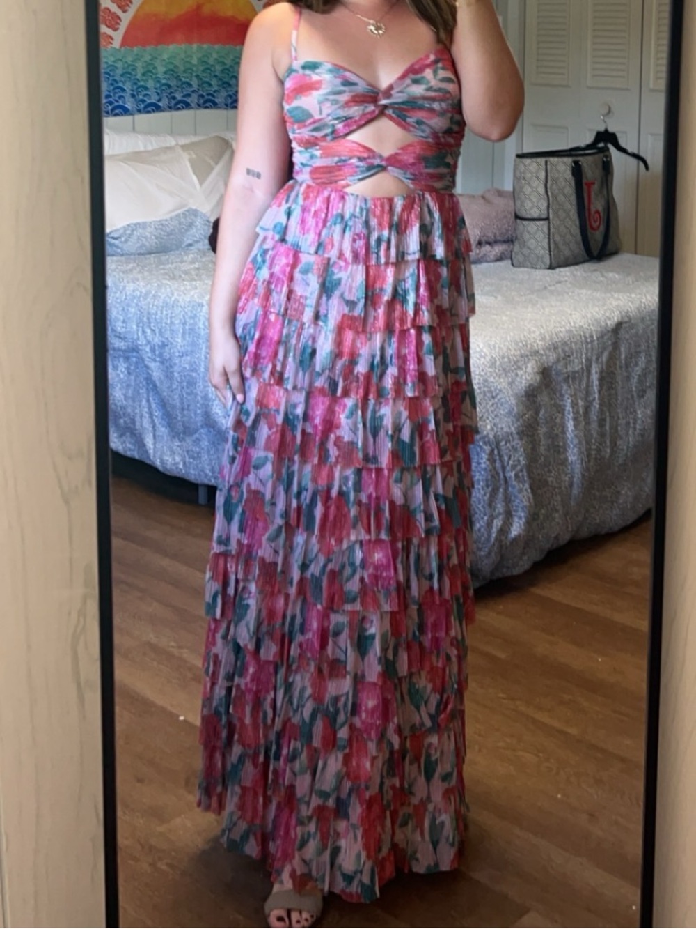 Gianni Bini Pink Floral Tiered Maxi Dress with Cutouts